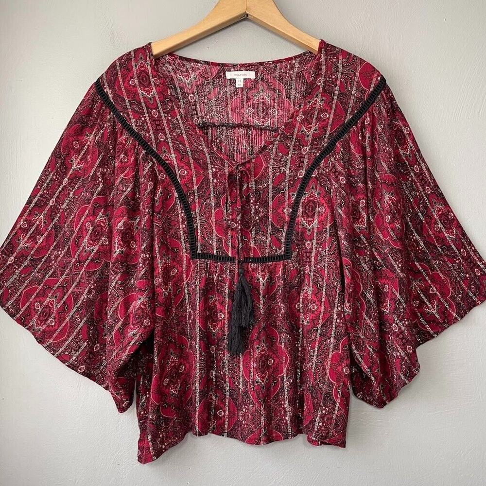 Maurices Top Size XS Red Black Metallic Whimsigoth Tasseled Dark Fairy Romantic